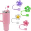 2pcs Straw Cover Cap for Stanley Cup Accessories,Lids Flowers Tip Covers Silicone Straw Topper 10mm Reusable Straw Tips
