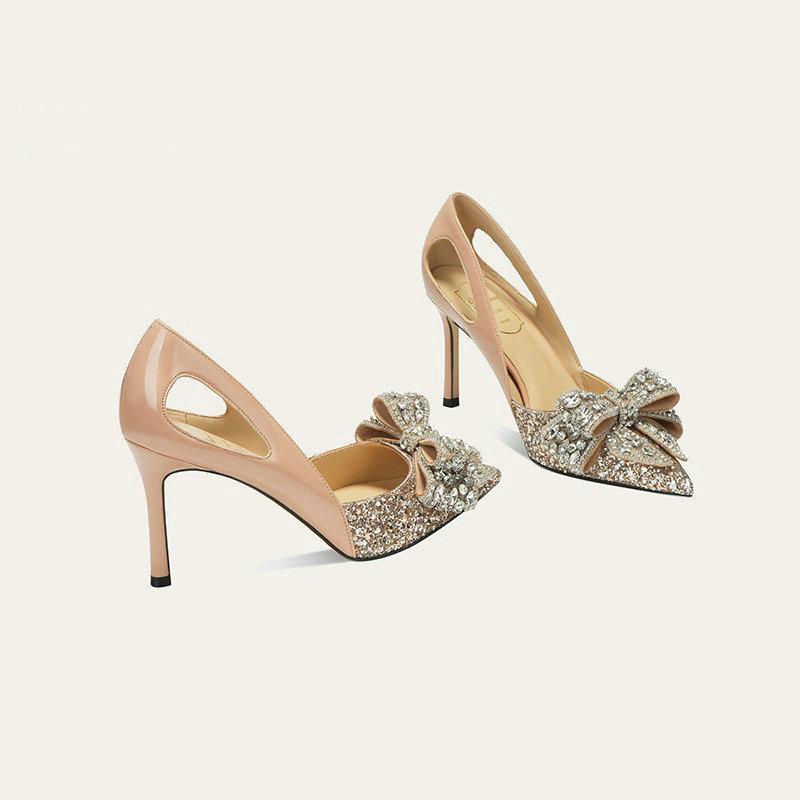 Fashion Sheepskin Single Shoes For Women 2025 All New Diamondedness Bow French High Heels For Women Stiletto Wedding Shoes