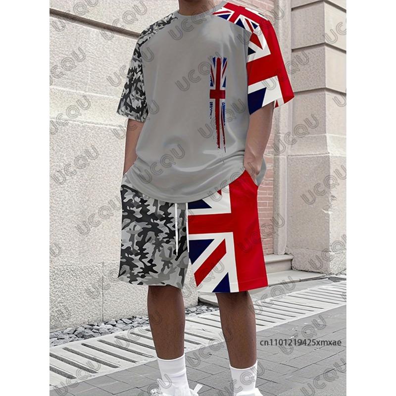 

2026 Men s Tracksuit British Flag Pattern Print Short Sleeve T-shirt+Shorts Sets 2XL