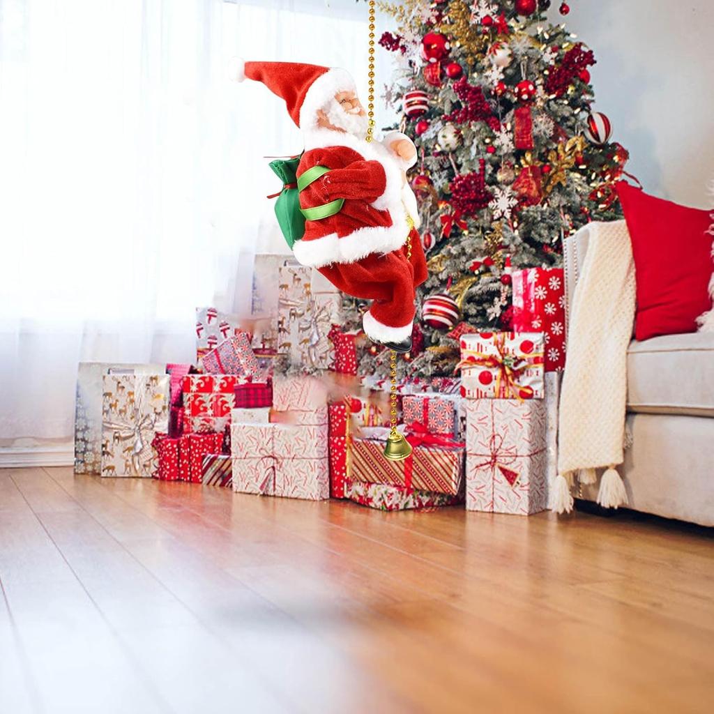 Electric Santa Climbing Rope Decoration, Climbing Santa with Music, Battery Operated Climbing Santas Claus, Funny Musical Christmas Tree Ornament,