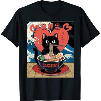 Katzen Ramen Kawaii Katzen Grafik T-Shirts Anime Valentinstag Geschenke 3 T-Shirts für Frauen Schwarz