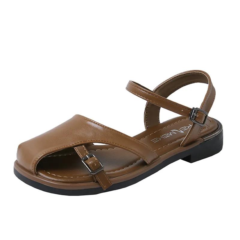 Beige Heeled Sandals Buckle Strap Comfort Shoes for Women 2025 Summer Black Flat Clear Low Fashion New Closed Girls Fretwork Cas