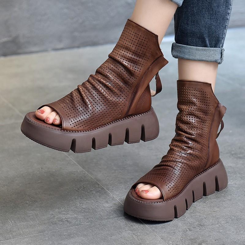 Johnature Fashion Thick Soled Platform Shoes Genuine Leather Women Peep Toe Sandals Hollow Out Boots