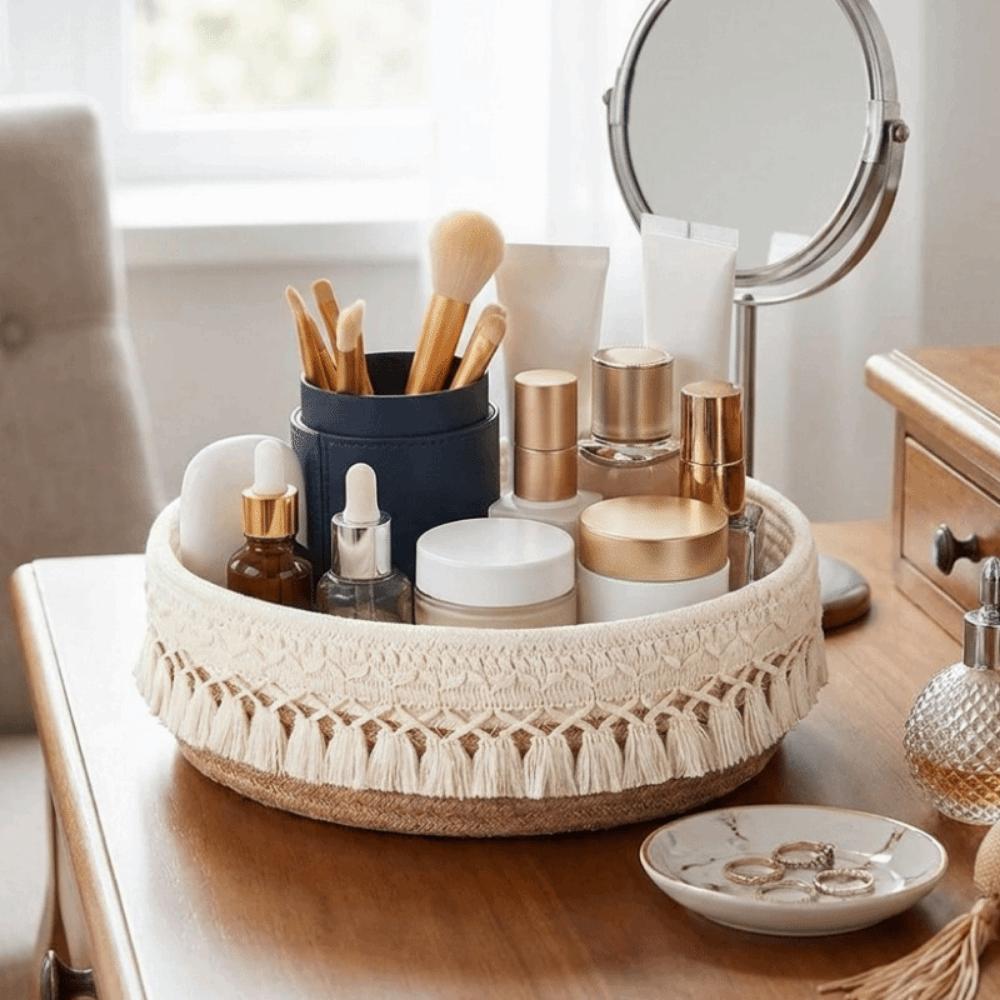 Cotton Rope Woven Storage Basket Bohemian Style Save Space Cosmetic Storage Basket with Tassel Large Capacity