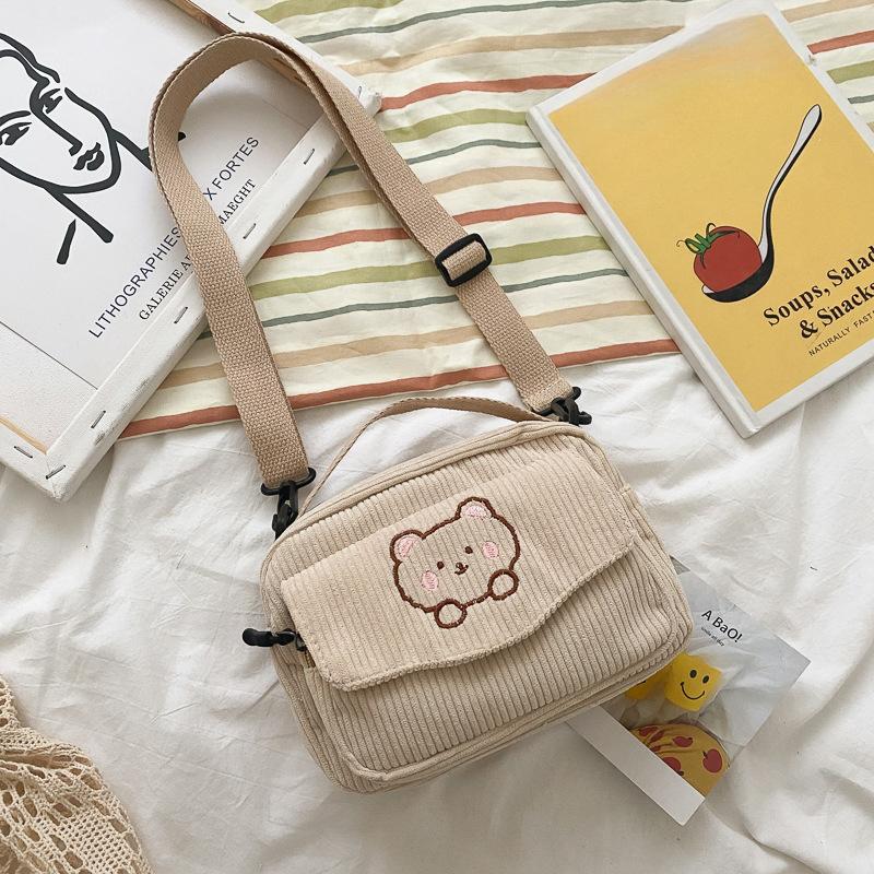 Женская мода Вельветовая сумка с рисунком медведя из мультфильма для студентов и девочек, сумка-мессенджер, дорожные сумки из холста, маленькая сумка хаки