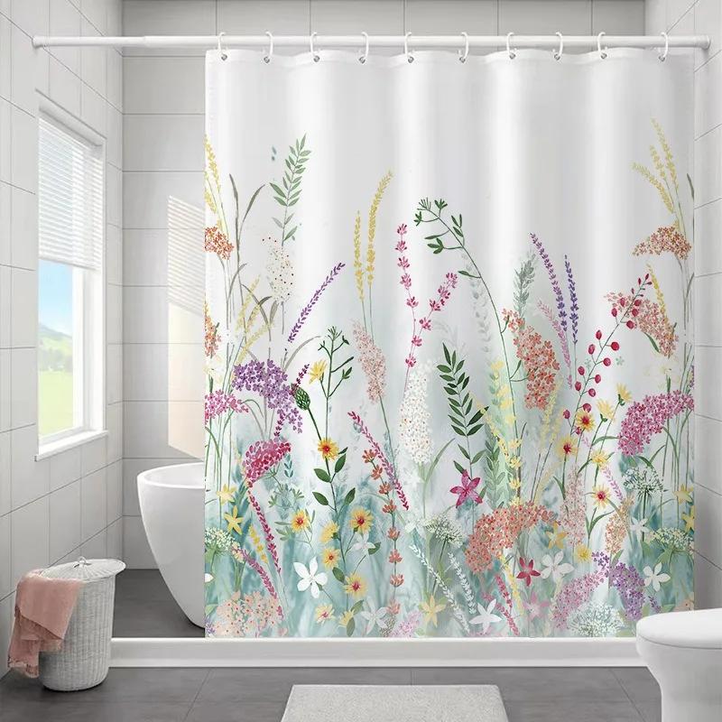1PC Botanical Flower and Leaf Watercolor Pattern Waterproofing Bathroom Decoration Shower Curtain with Hooks Minimalist Design