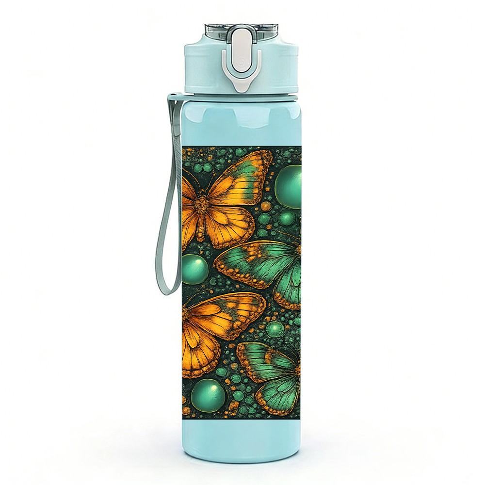1PC Teal Gemstone Pattern Art 750ml Color Plastic Sports Water Bottle Leakproof Flip Straw Lid Suitable for Sports Office Home Use