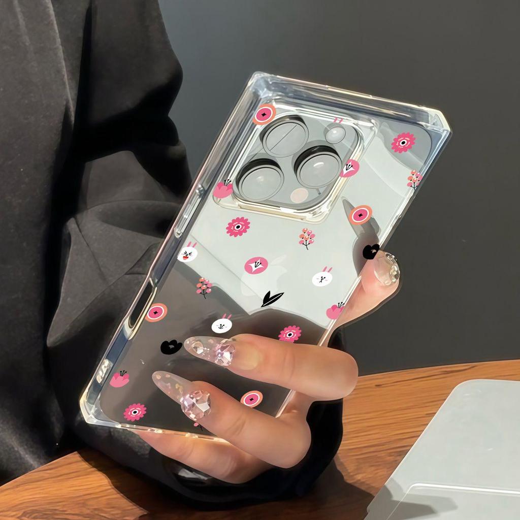Clear Square Back Tube Case Protection For iPhone 11 14 Pro Max 13 16 ProMax 15 Plus 12 Rabbit Head Pattern