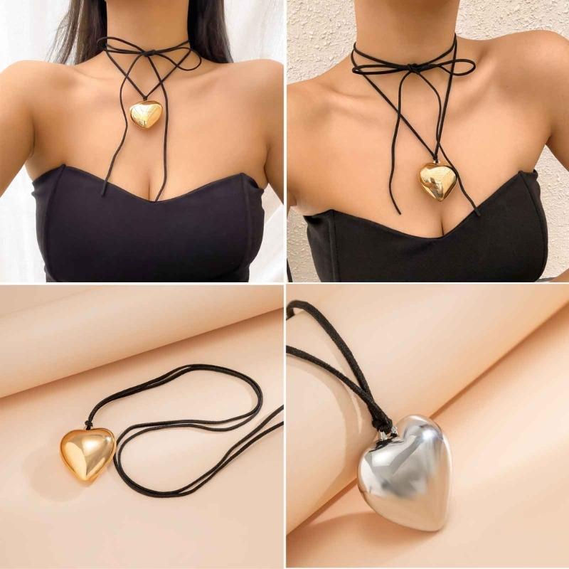 Fashion Punk Necklace Big Love-Heart Pendant Necklace Women Adjustable Wax Rope Chain Necklace Party Jewelry Ornament