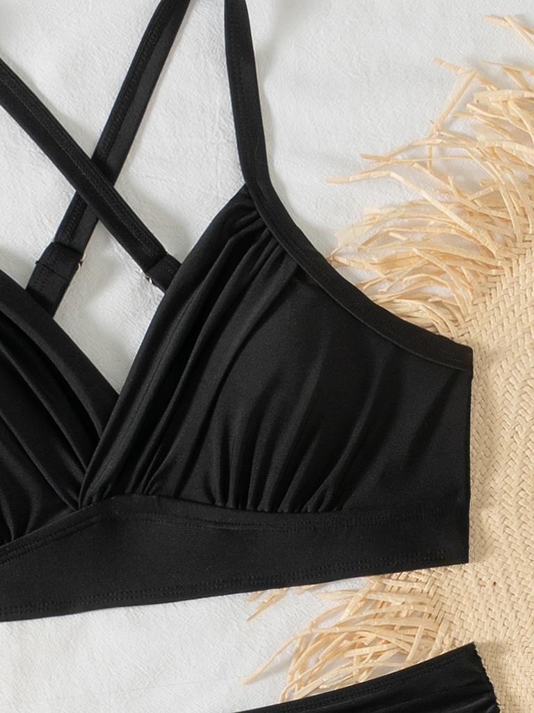 Tvådelad Baddräkt Enfärgad Rynkad Hög Midja Sexig Bikini Set Elegant