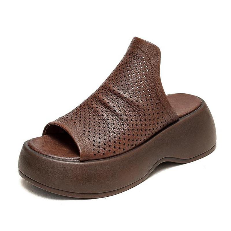 Fashion 6CM Cow Genuine Leather Summer Well-fitting Peep Toe Cozy Comfortable Contoured Lightweiget Loafer Women Slipper Sandals Shoes