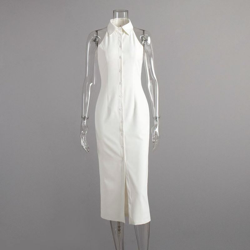 

Western Style Lapel Fashion Single Breasted Dress Flip Collar Single Brewed Dress White S