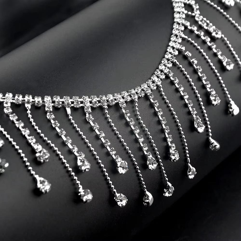 1 Yards Rhinestone Fringe Trim Silver Rhinestone Ribbon Tassel Diamond Crystal Chain For Sewing Craft Clothing Jewelry DIY Decor
