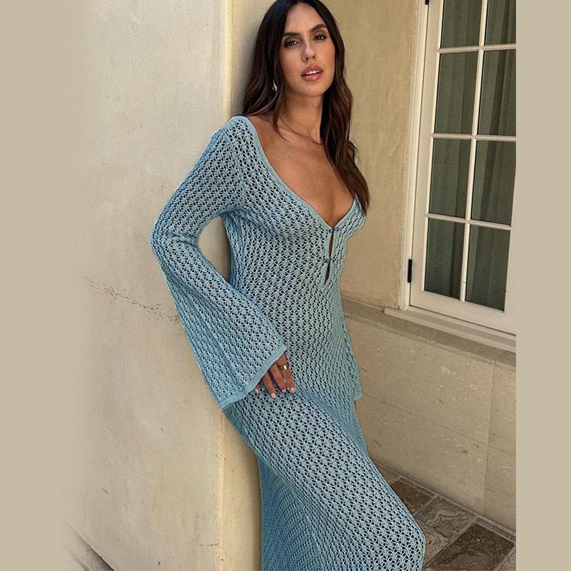 European & American Autumn/Winter Sexy Backless Knitted Long Dress Beach Cover-up