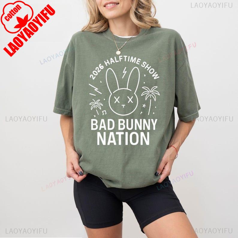 2026 BAD BUNNY NATION Graphic T Shirts Graphic Graphic Womens Trend Leisure Lovely Fans Tee Regular Short Sleeve Cotton Tops