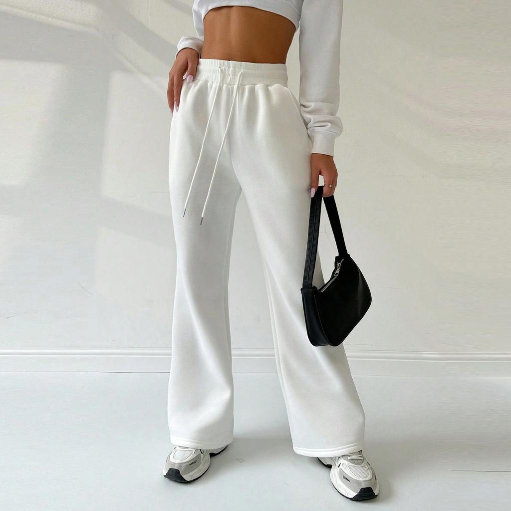 Women Elastic High Waist Pant Casual Active Fit Wide Leg Long Pants Trousers With Pockets