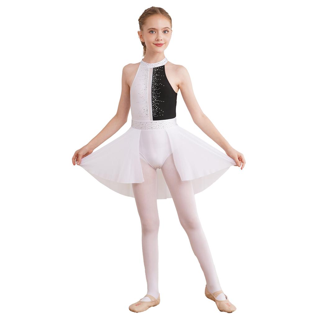 Kids Girls Sleeveless Shiny Rhinestone Decor Backless Leotard Dress for Lyrical Contemporary Dance