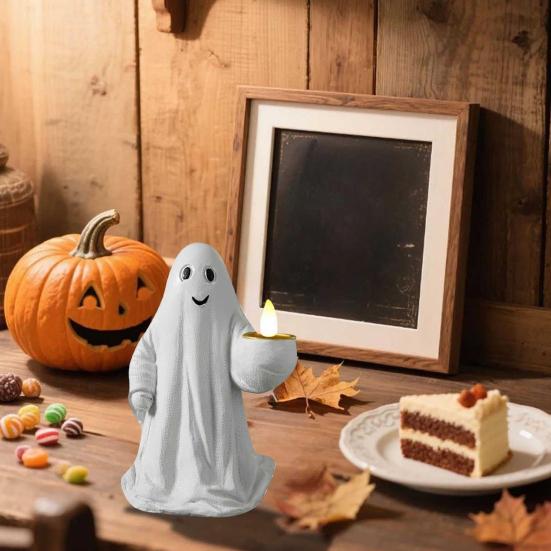 Halloween Spøkelsesfigur Hvitt Spøkelse Holder Gresskar Katt Skummel Harpiks Ornament Gravert Halloween Dekorasjon