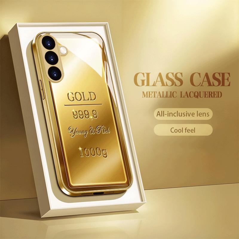 Wealth Gold Bar Metallic Paint Glass Phone Case Suitable for Samsung Galaxy S26 S25 S24 S22 S21 S20 FE/Ultra/Plus Anti Drop