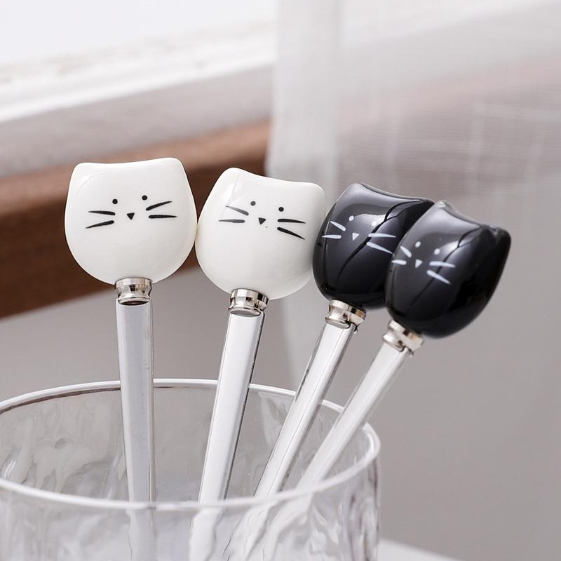 Cute Black/White Cat Stainless Steel Spoon Cartoon Lovely Coffee Milk Tea Ceramic Stir Spoon