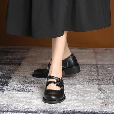 Mary-Jane-Schuhe mit klobigem Absatz – Herbst/Winter-College-Stil, runde Zehenpartie, mittlerer Absatz, Retro-Leder