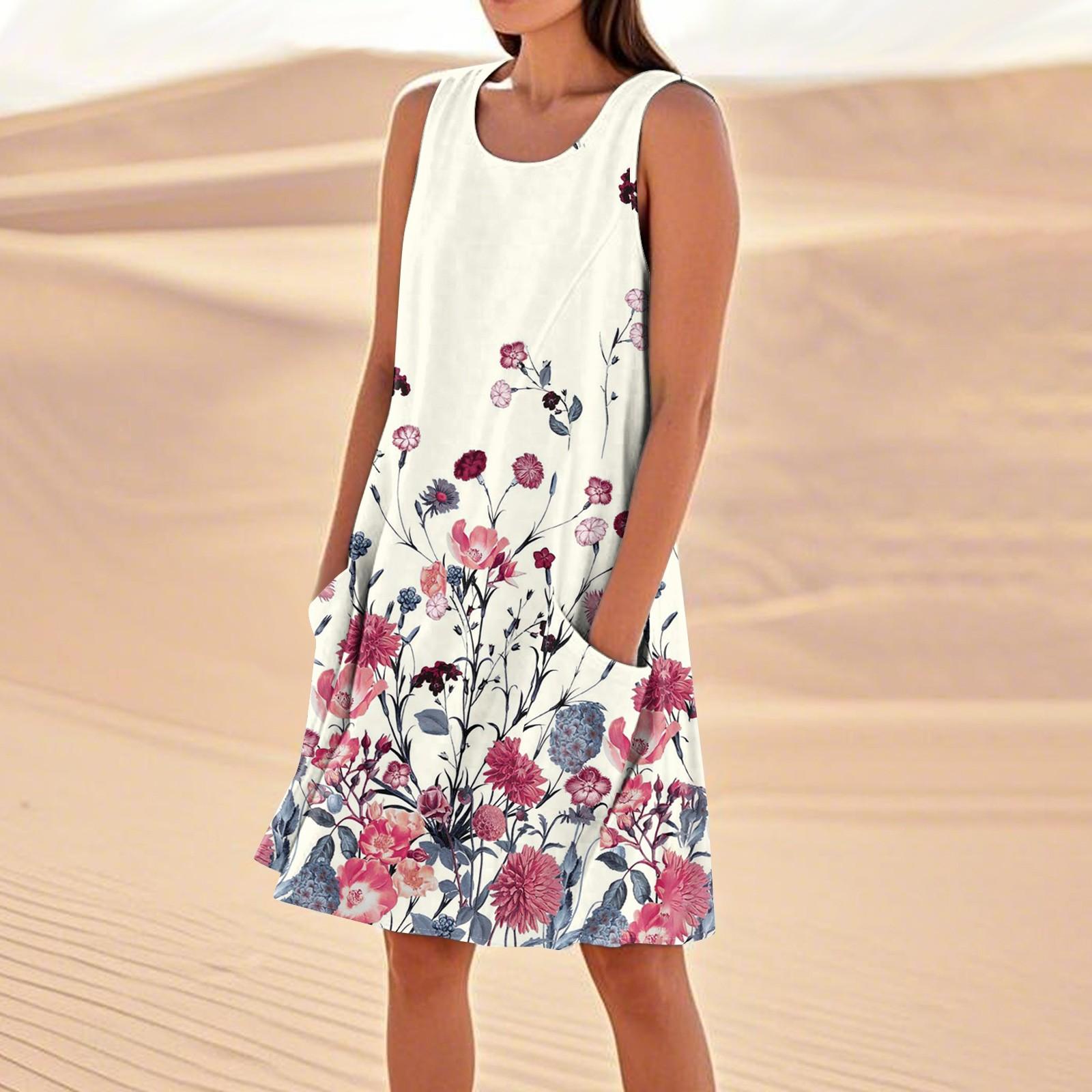 

Летние платья для женщин, свободные пляжные повседневные сарафаны без рукавов с карманами, платье-майка XXL розовый