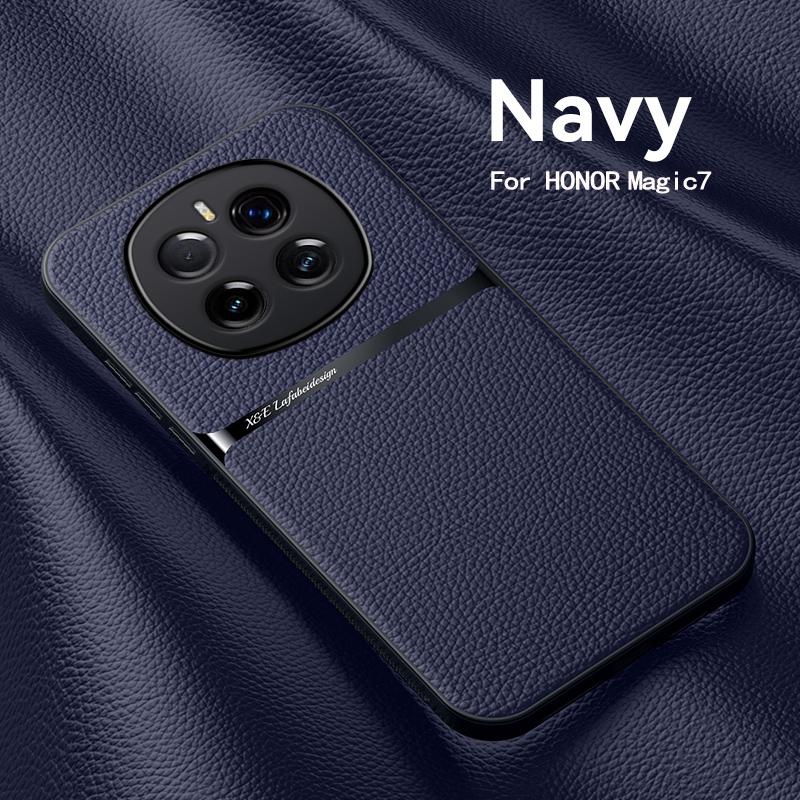 For Honor Magic 7 7 Pro Leather Texture Built-in Magnetic TPU Soft Edge Anti-drop Anti-fingerprint Phone Case