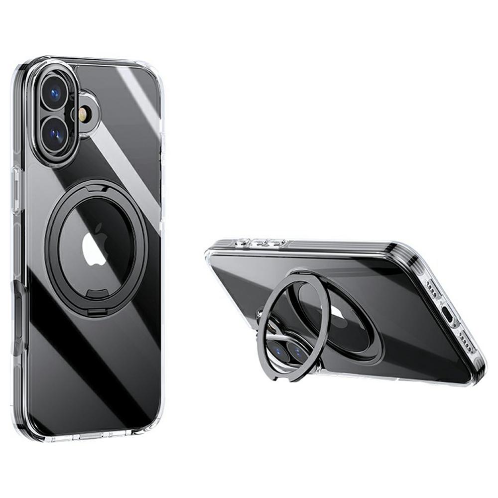 For iPhone 16 Plus Case Compatible with MagSafe Gear Fulcrum Kickstand Electroplating Lens Frame PC+TPU Phone Cover