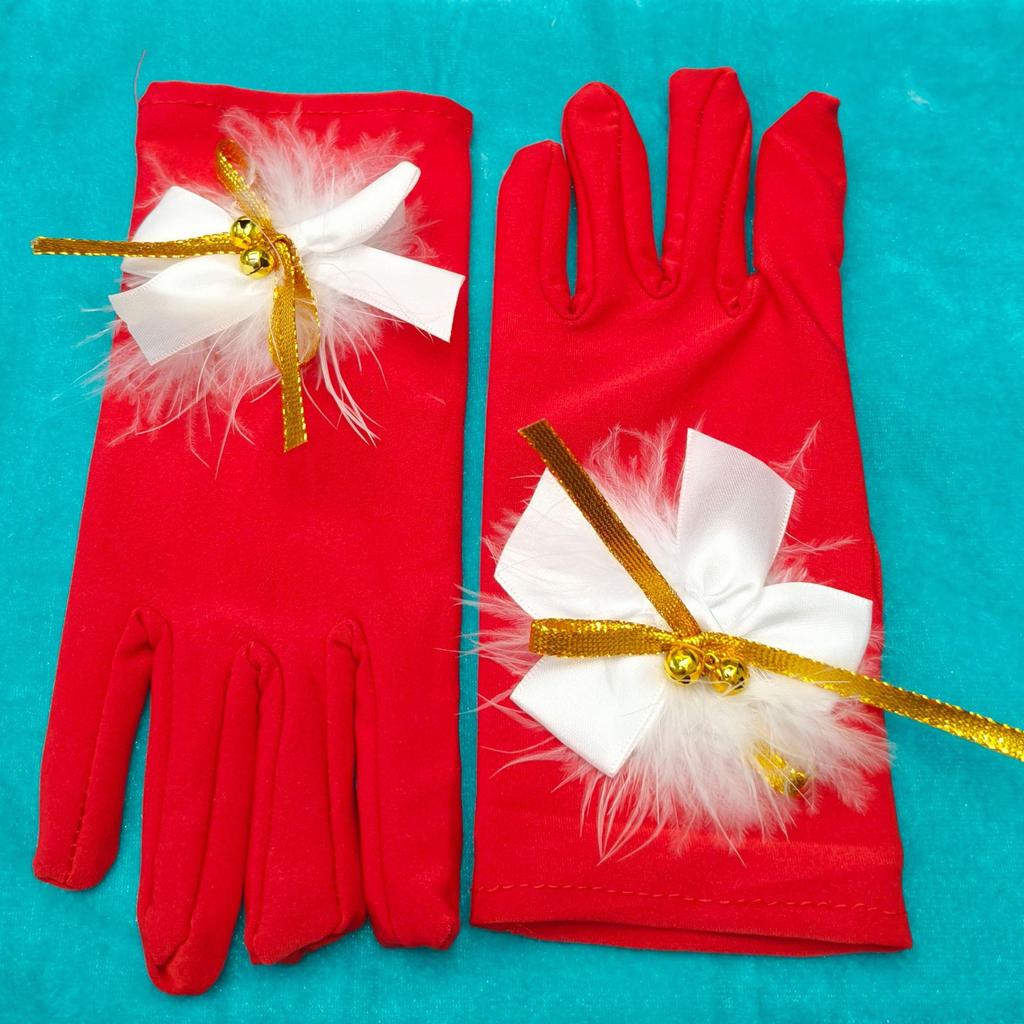 Children's Holiday Party Plush Bow Cosplay Gloves with Jingle Bells