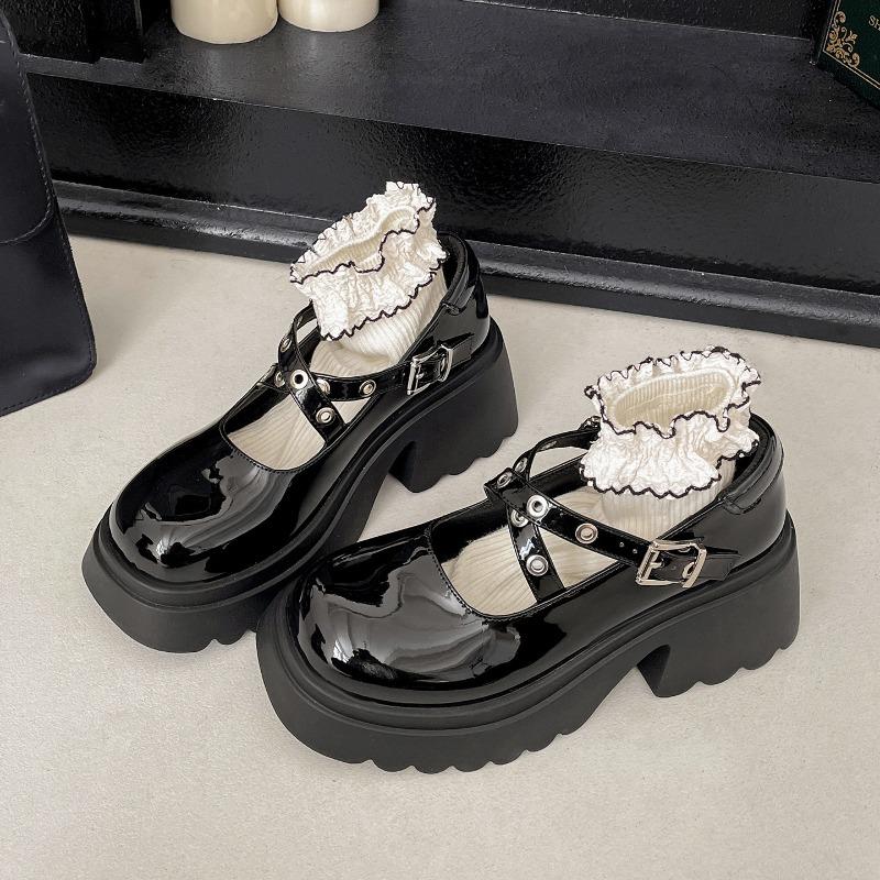 

2026 New Spring Cross Buckle Strap Women Mary Jane Shoes Fashion Shallow Shoes Elegant Platform Thick Heel Dress Leather Shoes 35