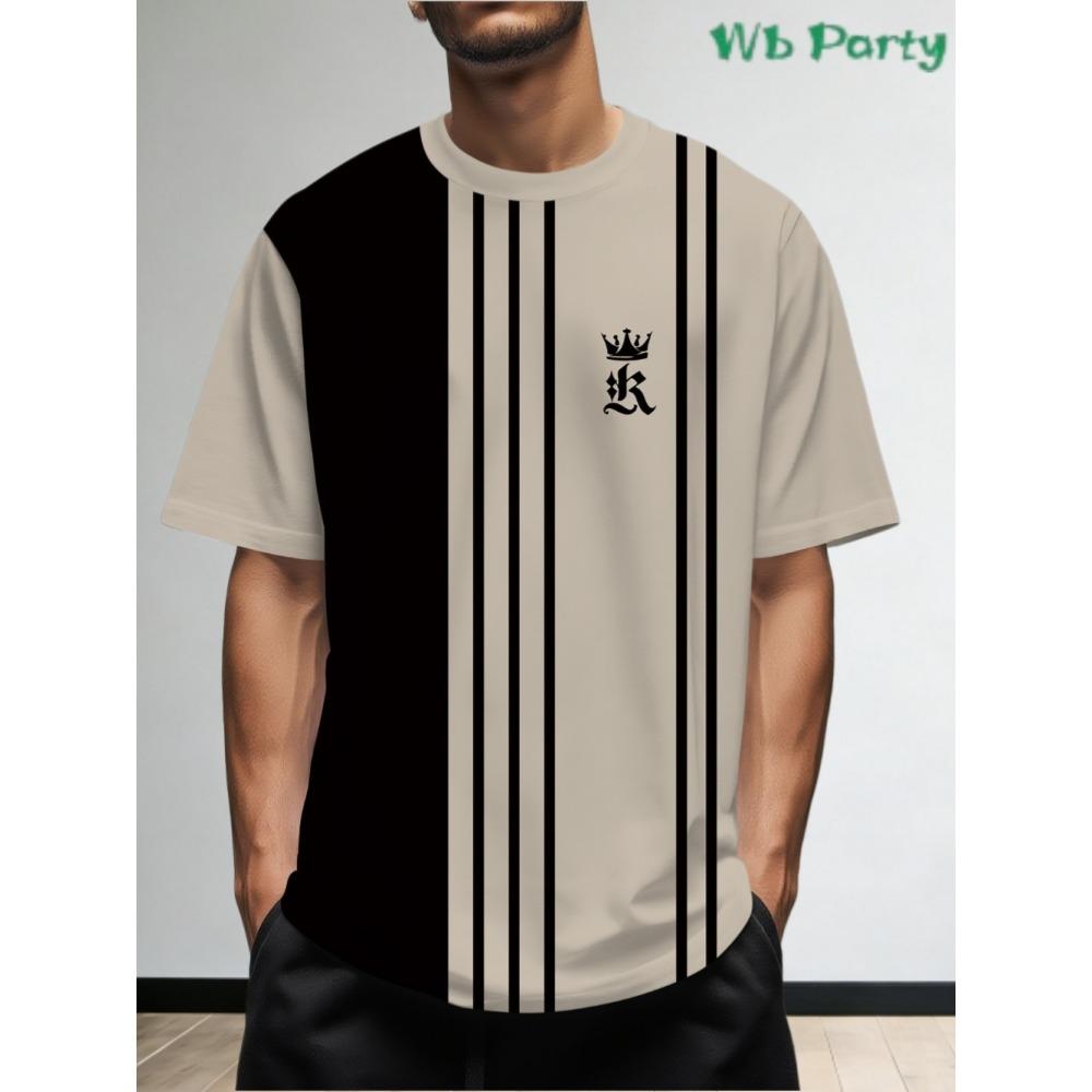 Fashionable and minimalist men's T-shirt with striped printed short sleeved shirt, oversized top for summer