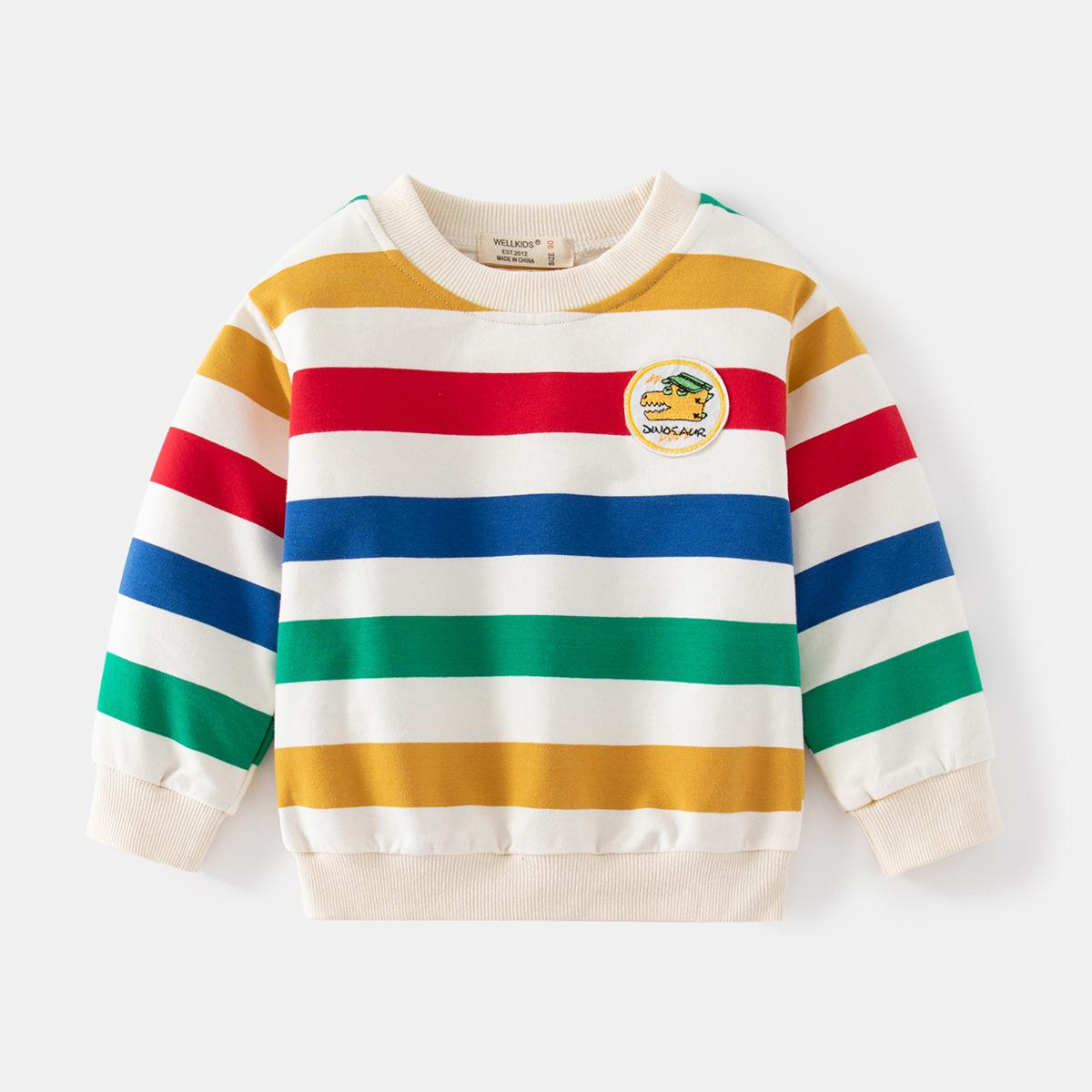 Kids Striped Sweatshirt Cartoon Print Crewneck Long Sleeve Pullover Casual Spring Autumn Fashion Top for Boys and Girls 90cm