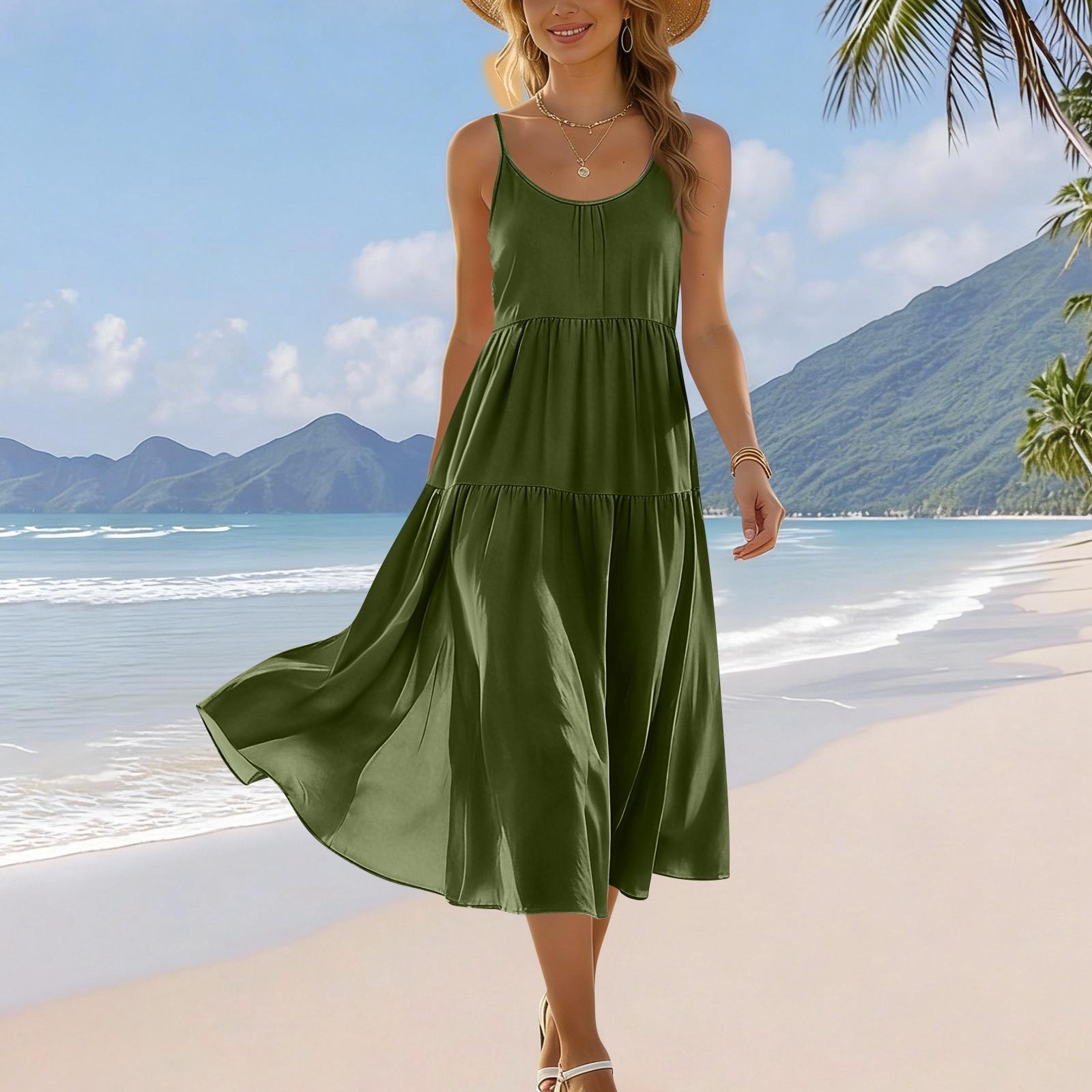 

Women s Summer Fashion Pocket Adjustable Shoulder Strap Bohemian Leisure Beach Resort Strap Loose Dress L армия зеленый