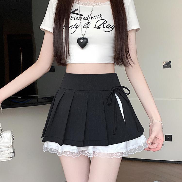 Women's Summer 2026 A-Line Lace Pleated Skirt - High Waist, Trendy Culottes Style