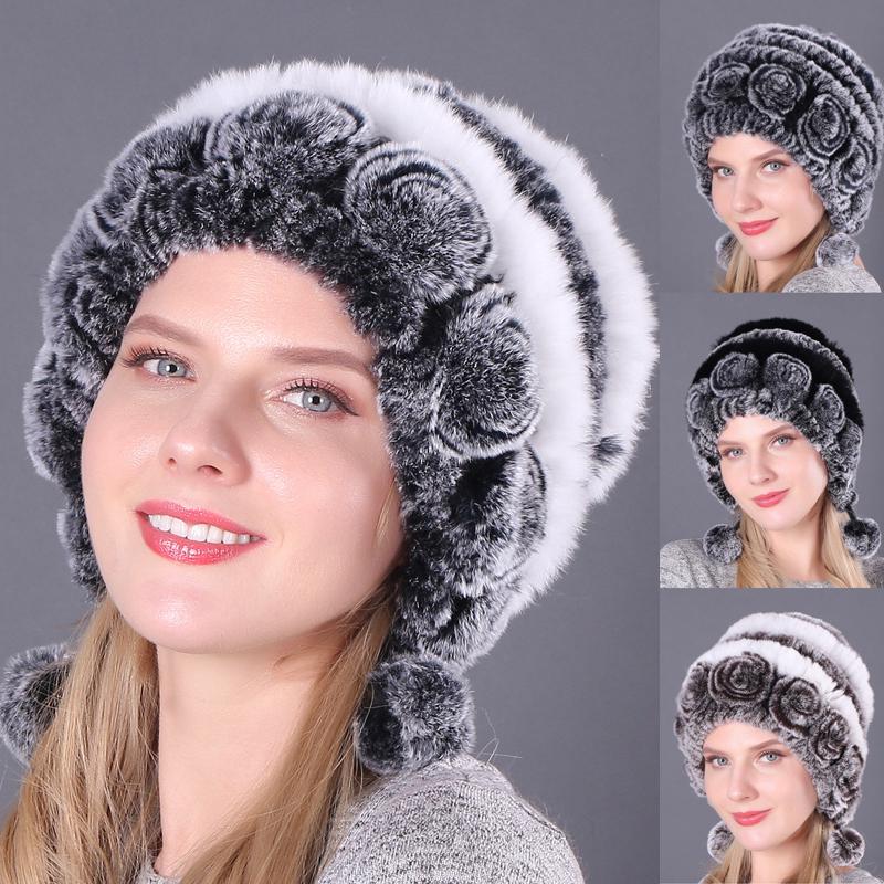 1PCS Fashion Rex Rabbit Fur Hat Fur Ball Beanies Earmuffs Hat Warm Caps Autumn and Winter Women's Comfortable