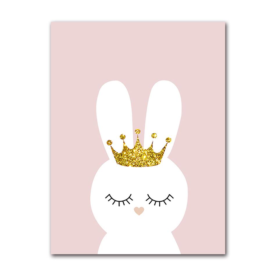 Decorazione Quadro Stile Nordico Stanza Bambina Decorazione Asilo Arte da Parete Tela Poster Minimalista Corona Coniglio Stampa Rosa Pittura Cartoon
