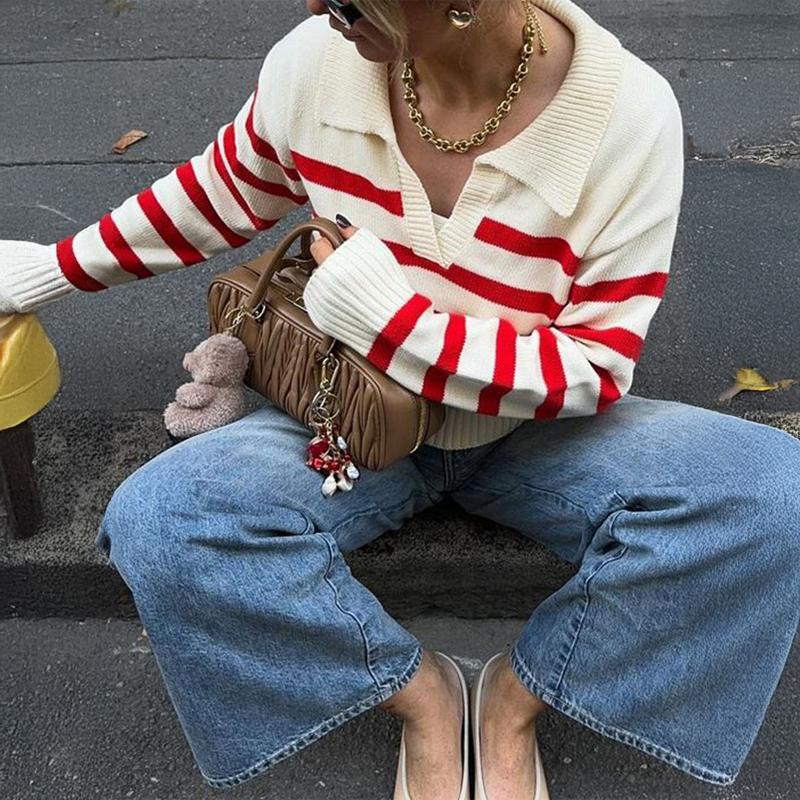 Damski sweter dzianinowy z kołnierzykiem polo, czerwono-białe paski, dekolt V, długi rękaw, casualowy, dopasowany top
