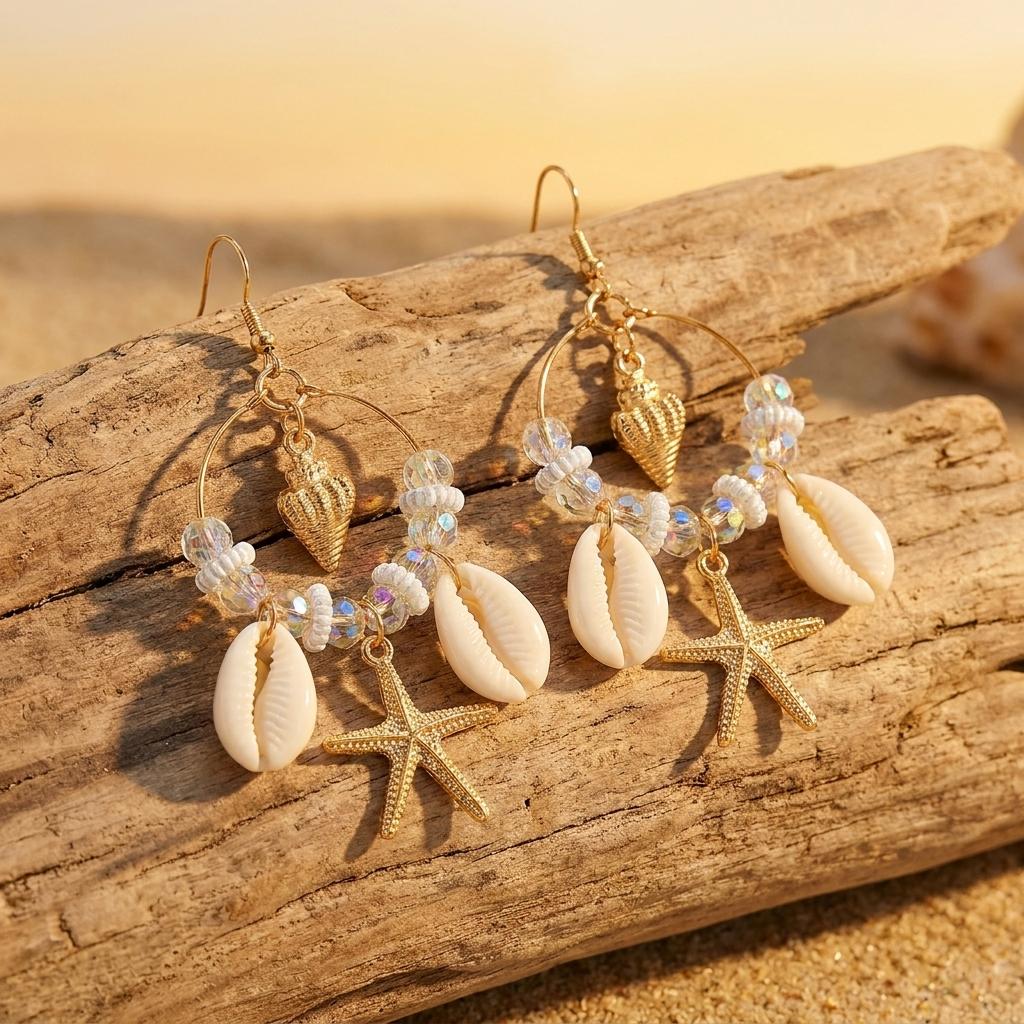 Mermaidcore Seashell Starfish Hoop Dangle Earrings for Women Beaded Boho Ocean Beach Summer Vacation Fashion Jewelry Accessories