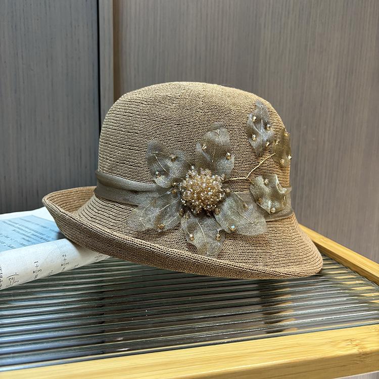 Elegant Curled Bowler Hat Women'S Spring And Summer Shopping Versatile Knitted Bucket Hat British Retro Sunshade Basin Hat