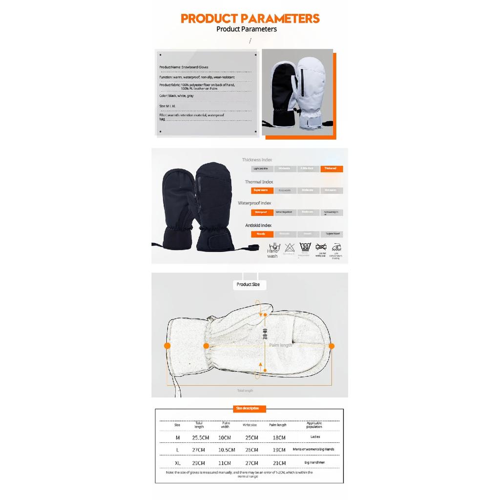 White Adult Double Layer Ski Gloves Winter Snow Gloves With Waterproof & Wear-Resistant With Inner Gloves