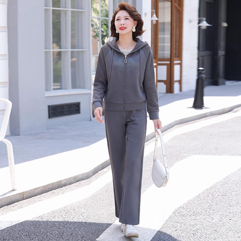 

Women s Casual Hooded Cardigan Sweatshirt and Straight-Leg Sweatpants Set for Spring and Autumn 3XL серый