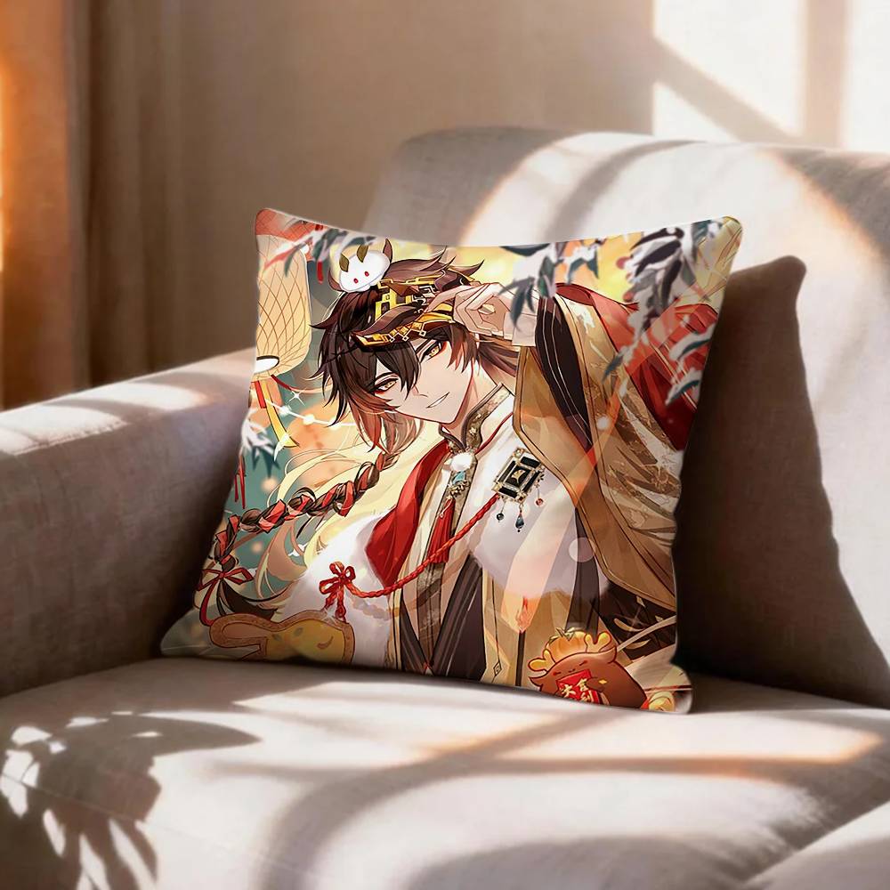 Geo AArchon ZZhongli Genshin Pillow Case Pattern Printed Pillowcase For Living Room Sofa Cushion Cover