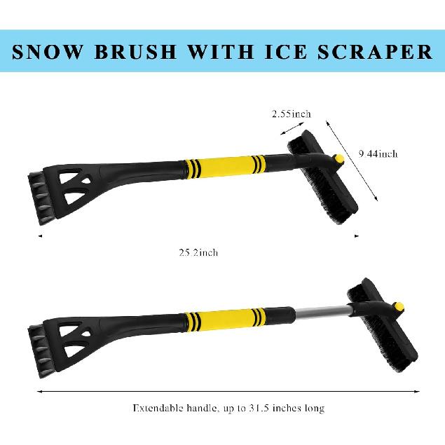 31.5" Ice Scraper and Extendable Snow Brush, 360° Rotating Brush Car Snow Scraper with Ergonomic Foam Grip, 3-in-1 Detachable Winter Ice Removal