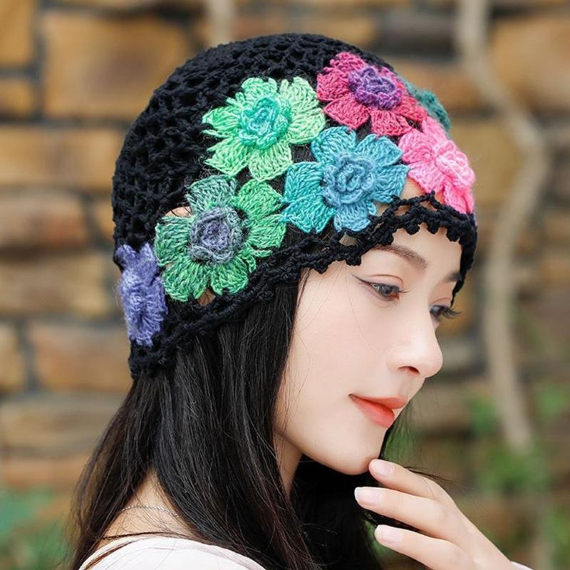 Cotton Crochet Brimless Hat With HollowOut Flower Design Summer Vacation Casual Skull Cap For Women Everyday Wear