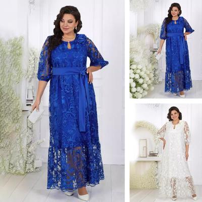 Γυναικείο βραδινό φόρεμα Plus Size Διάφανη δαντέλα με κούφιο κούφιο φόρεμα με ζώνη διπλής στρώσης με στρογγυλή λαιμόκοψη Μανίκια τριών τετάρτων με κέντημα για πάρτι