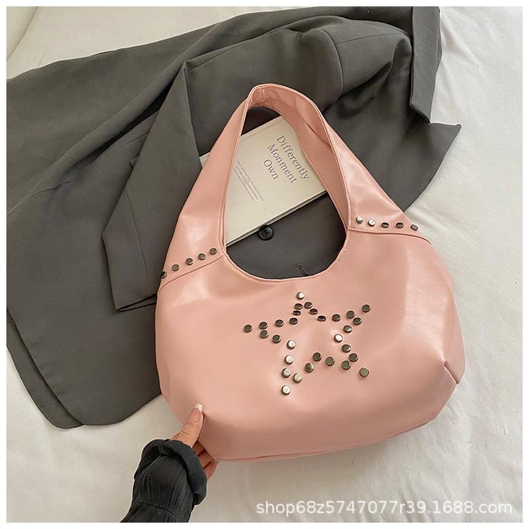 Niche Commuter Women's Bag 2025 New Fashion Shoulder Bag Rivet Underarm Bag Large Capacity European and American Bucket Bag