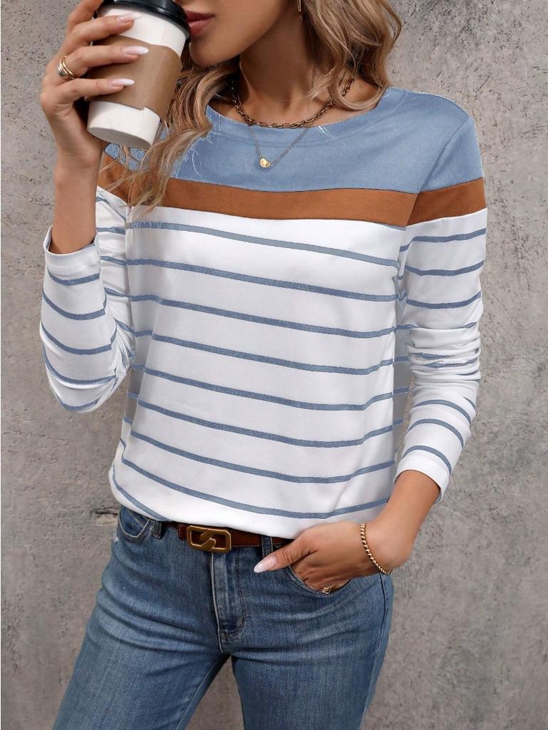 Damen T-Shirt 3D Streifen Colorblock Print Mode Langarm Rundhals Regular Top Feiertagswochenende Frühling und Herbst