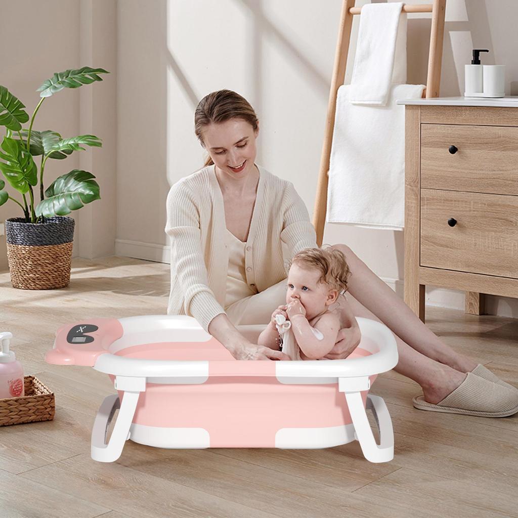 Foldable Baby Bathtub for Infants To Toddler, Portable Travel Bathtub with Thermometer & Bath Cushion & Bath Cap, Baby Bathtub for Newborn 0-36 Month
