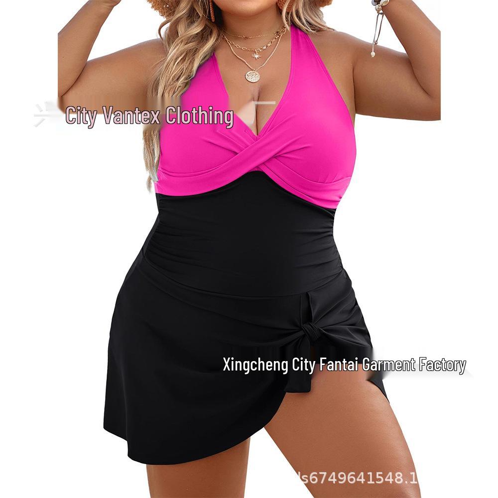2024 Plus Size European & American Solid Color Tankini Skirt Swimsuit with Drawstring - Conservative Style