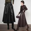 Women's Elegant Lambskin High Waist Pleated A-line Skirt, Mid-length Korean Style
